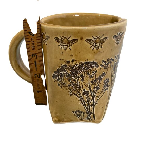 Colleen Deiss Mustard Yellow Slab Built Mug With Bees And Wildflower Design - Picture 7 of 8